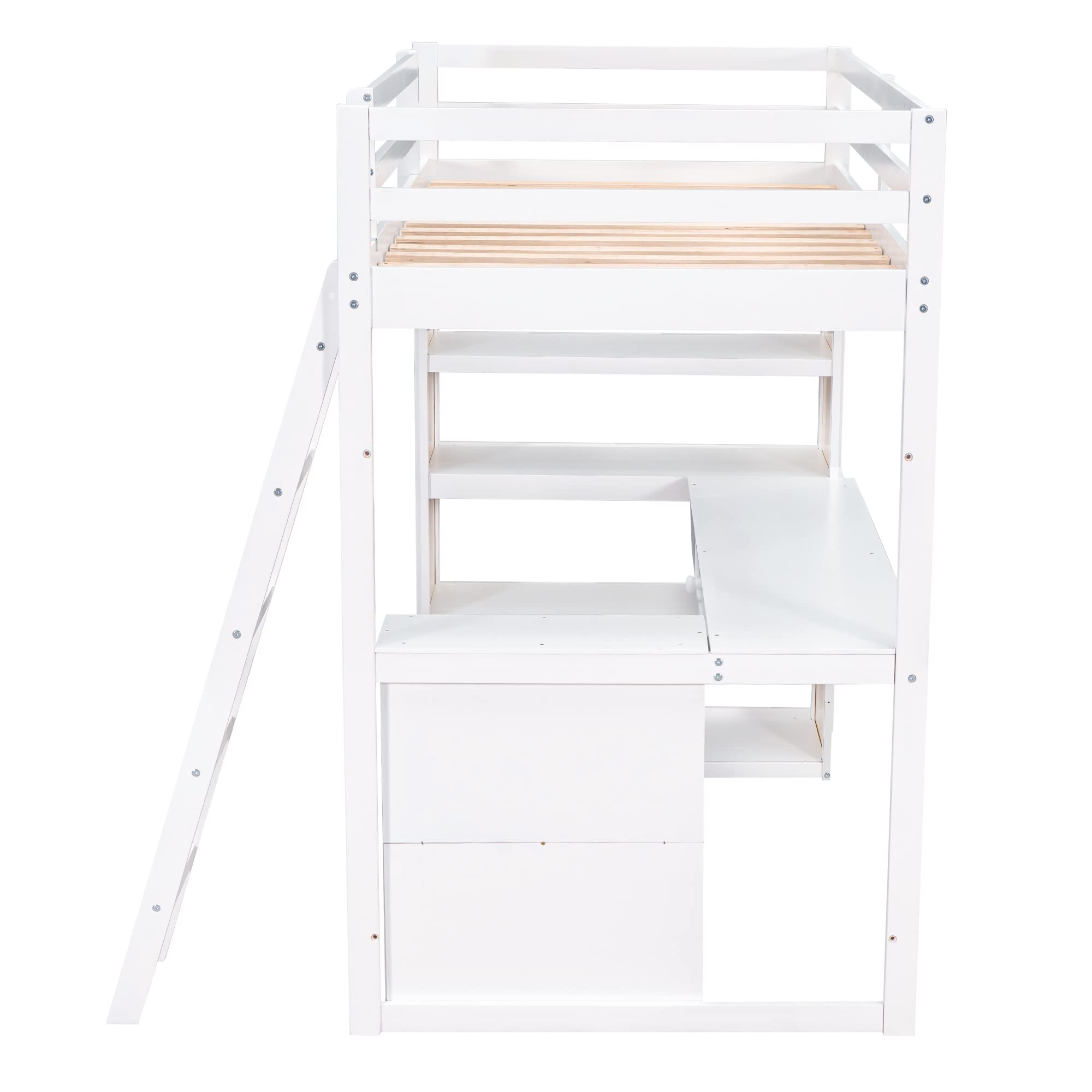 Bellemave Twin Loft Bed with Desk and 6 Storage Shelves, Wood Loft Beds Frame with Bookcase and Writing Board, Modern High Loft Bed for Kids Boys Girls Teens, Twin Size, White