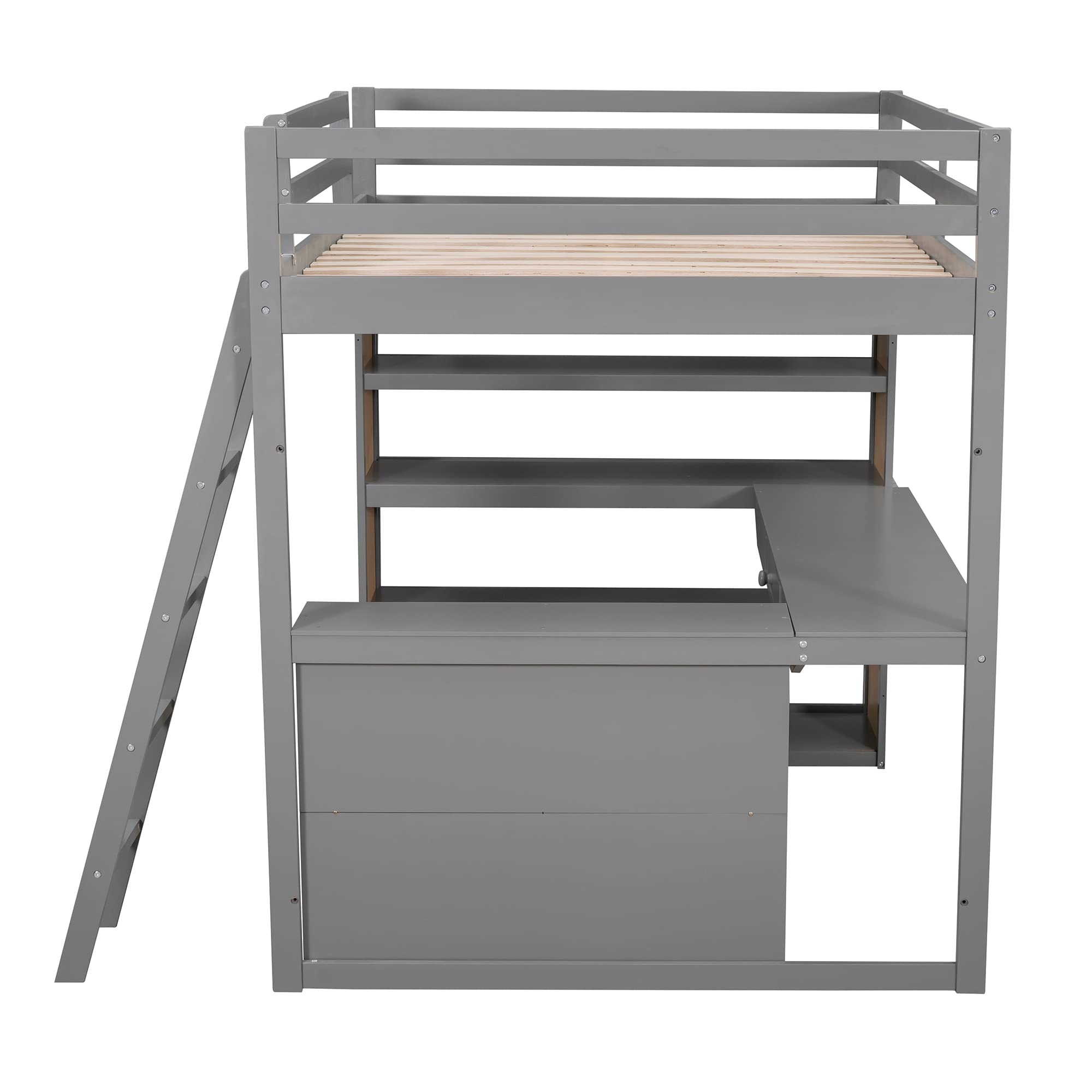 Bellemave Full Loft Bed with Desk and 6 Storage Shelves, Wood Loft Beds Frame with Bookcase and Writing Board, Modern High Loft Bed for Kids Boys Girls Teens, Full Size, White, Gray With Shelves