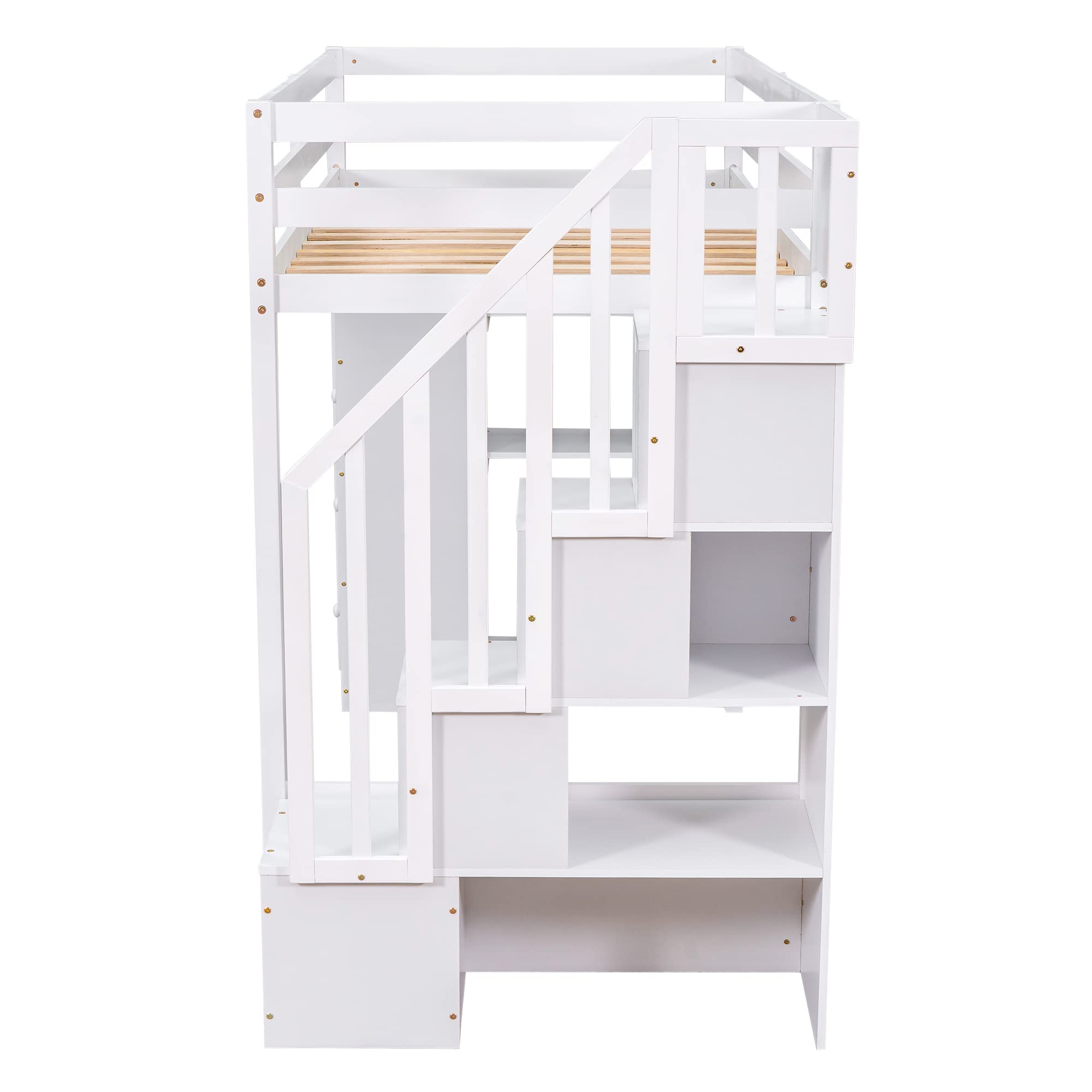 Twin Loft Bed with Stairs and Storage Drawers, Wood Loft Beds Frame with Shelves and Bookcase, Modern High Loft for Kids Boys Girls Teens, Twin Size, White