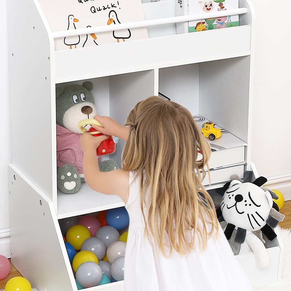 Kids Bookshelf and Toy Storage, Wood Book Shelf Organizer for Toddler, Playroom Storage, White