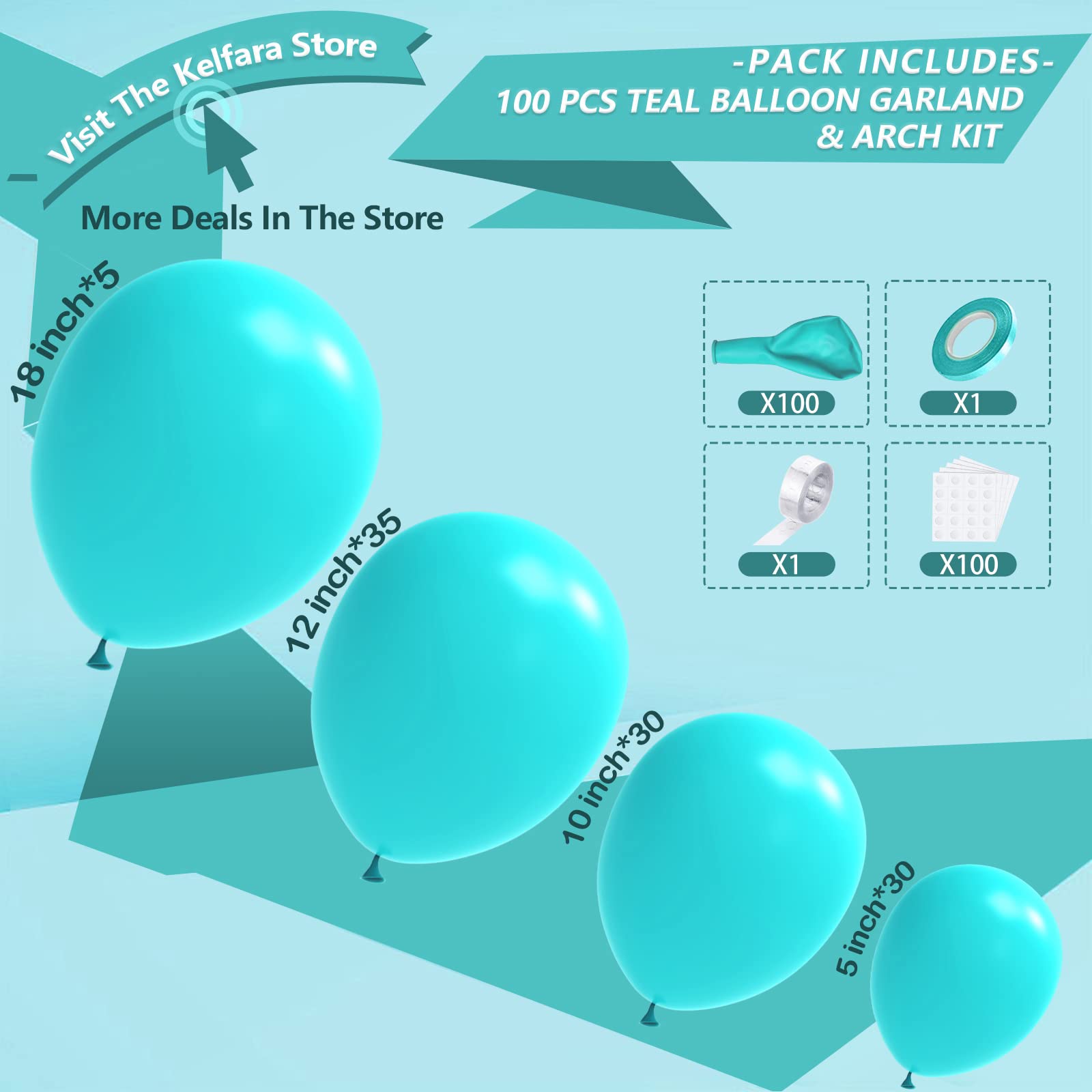 Teal Balloons, Kelfara 100Pcs Party Arch Garland Kit - Different Sizes Latex Balloons (18/12/10/5 Inch) - Turquoise Theme, Birthday, Anniversary, Baby Shower, Graduation, Party Decorations Balloons