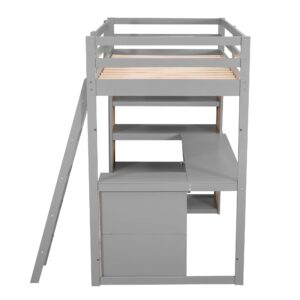 Bellemave Twin Loft Bed with Desk and 6 Storage Shelves, Wood Loft Beds Frame with Bookcase and Writing Board, Modern High Loft Bed for Kids Boys Girls Teens, Twin Size, Gray