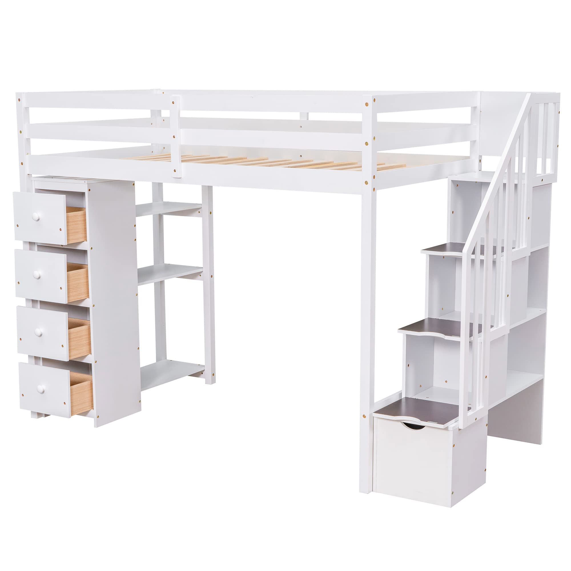 Twin Loft Bed with Stairs and Storage Drawers, Wood Loft Beds Frame with Shelves and Bookcase, Modern High Loft for Kids Boys Girls Teens, Twin Size, White