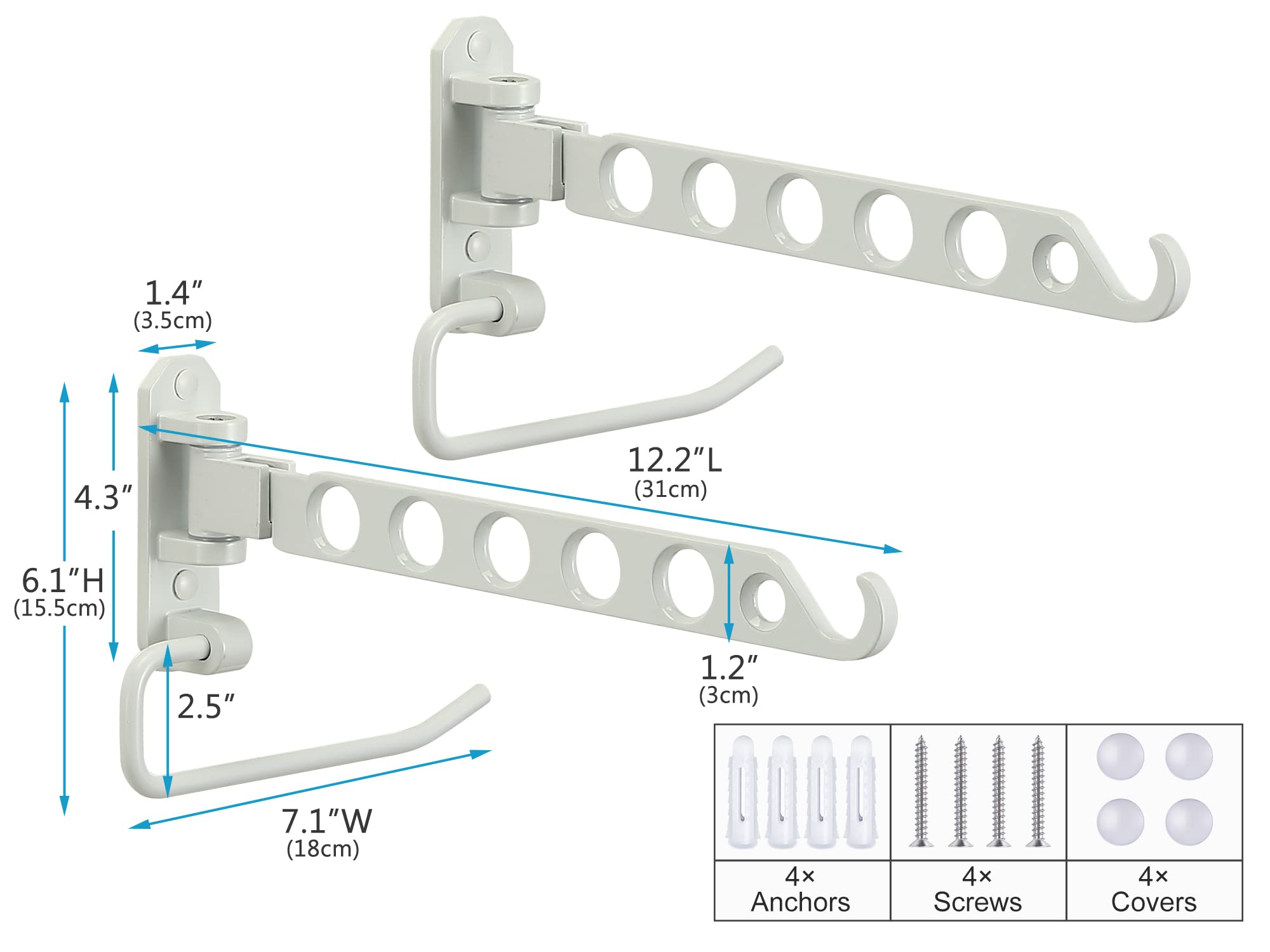 VICSKY Wall Mounted Small Drying Rack with Bar, 180° Swing Arm and 90°Folding, Laundry Room Dryer Rack, Sturdy Hanging Clothes, Safe Valet Hook, Solid Aluminum (White, 2Pack)