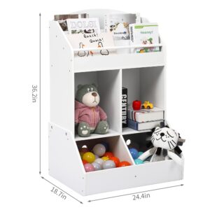 Kids Bookshelf and Toy Storage, Wood Book Shelf Organizer for Toddler, Playroom Storage, White