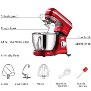 Kitchen Stand Mixer, 6.5 Quart, 6 Speed Tilt-Head Kitchen Mixer, Electric Food Mixer with Dough Hook, Wire Whip, Beater, Red