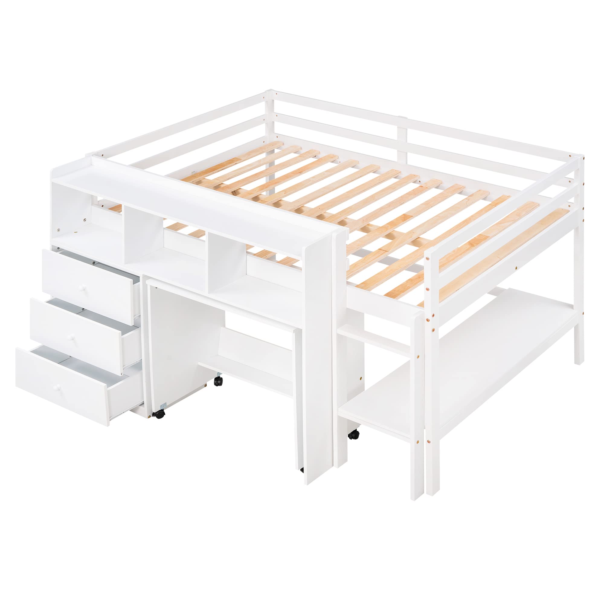 Bellemave Low Full Loft Bed with Desk and Storage Drawers Wood Kids Loft Beds Frame with Storage Shelves & Rolling Portable Desk for Juniors, Teen, Boys, Girls, Full Size, White