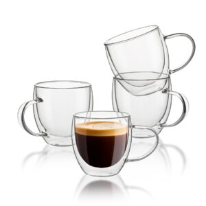 sweese 5oz double wall glass espresso cups set of 4, insulated glass coffee cups with handle perfect for cappuccino, latte, tea, clear glass espresso shot cups suitable for espresso machine