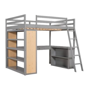 Bellemave Full Loft Bed with Desk and 6 Storage Shelves, Wood Loft Beds Frame with Bookcase and Writing Board, Modern High Loft Bed for Kids Boys Girls Teens, Full Size, White, Gray With Shelves