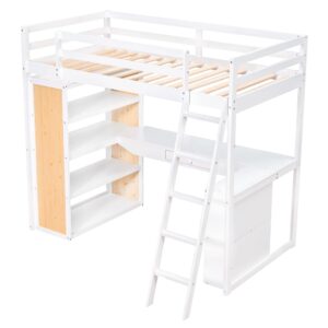 Bellemave Twin Loft Bed with Desk and 6 Storage Shelves, Wood Loft Beds Frame with Bookcase and Writing Board, Modern High Loft Bed for Kids Boys Girls Teens, Twin Size, White