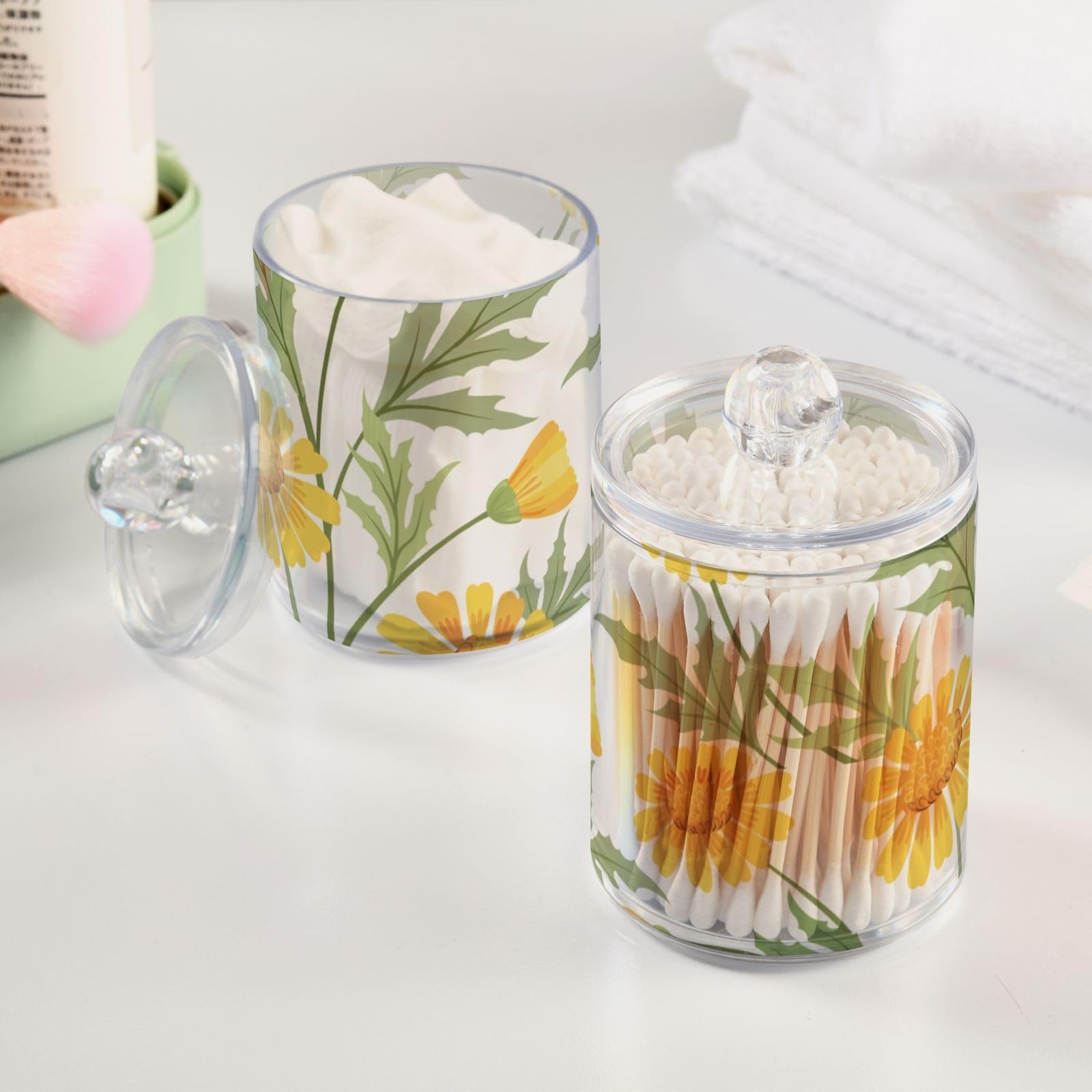 Tatenale Qtip Holder Bathroom Set Q tip Cotton Ball Swab Pad Dispenser Container Organizer Plastic Jars with Lids Storage 2Pack Yellow Daisy Floral