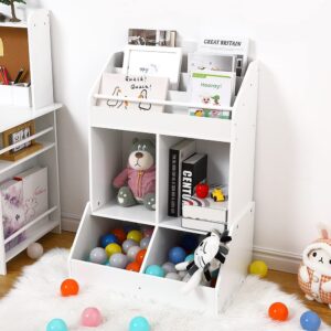 Kids Bookshelf and Toy Storage, Wood Book Shelf Organizer for Toddler, Playroom Storage, White