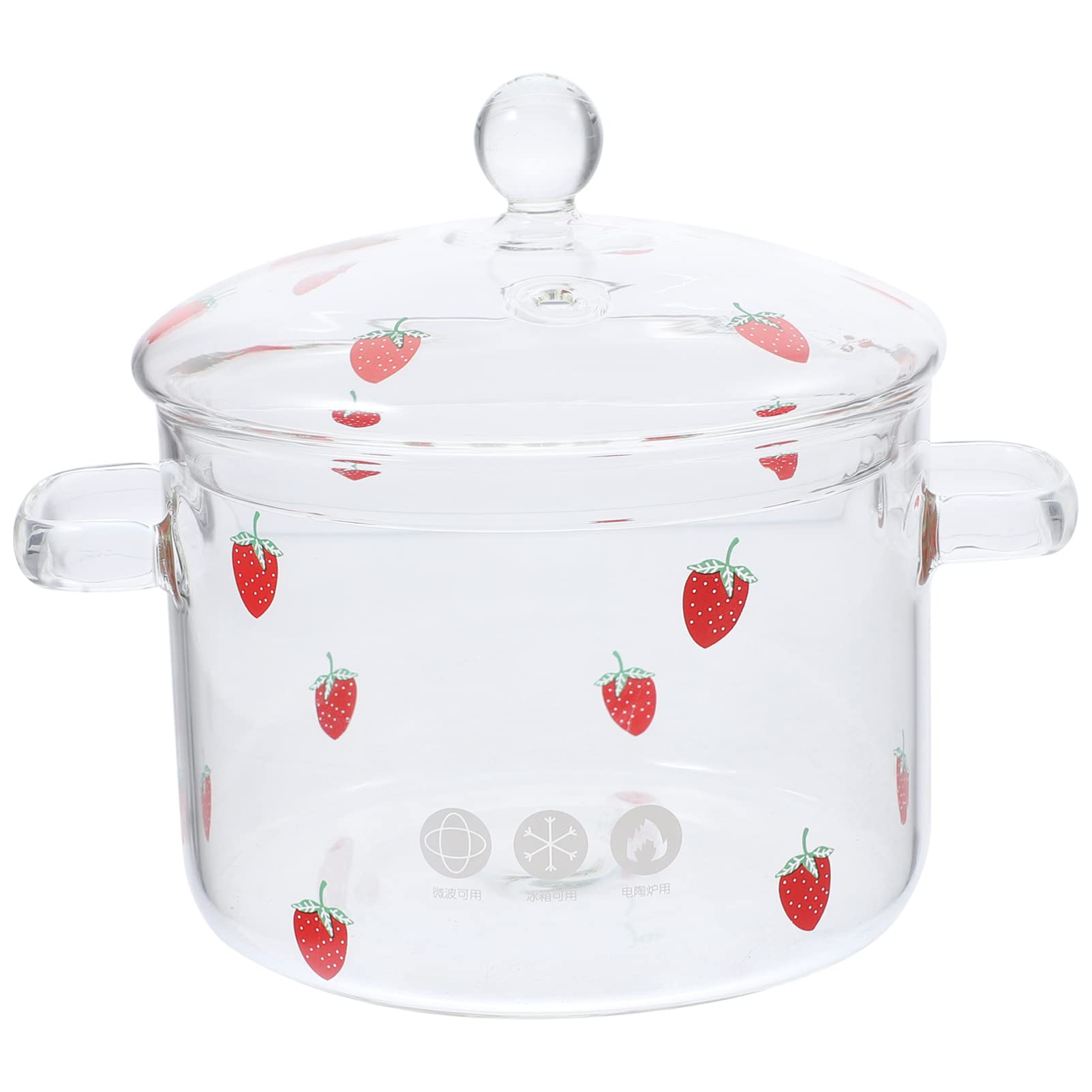 Hemoton Strawberry Pattern High Borosilicate Pot Lid Handles 64 oz Glass Noodle Ramen Pot Simmer Pot Stovetop Cooking Transparent Cookware Pasta Soup Milk Tea