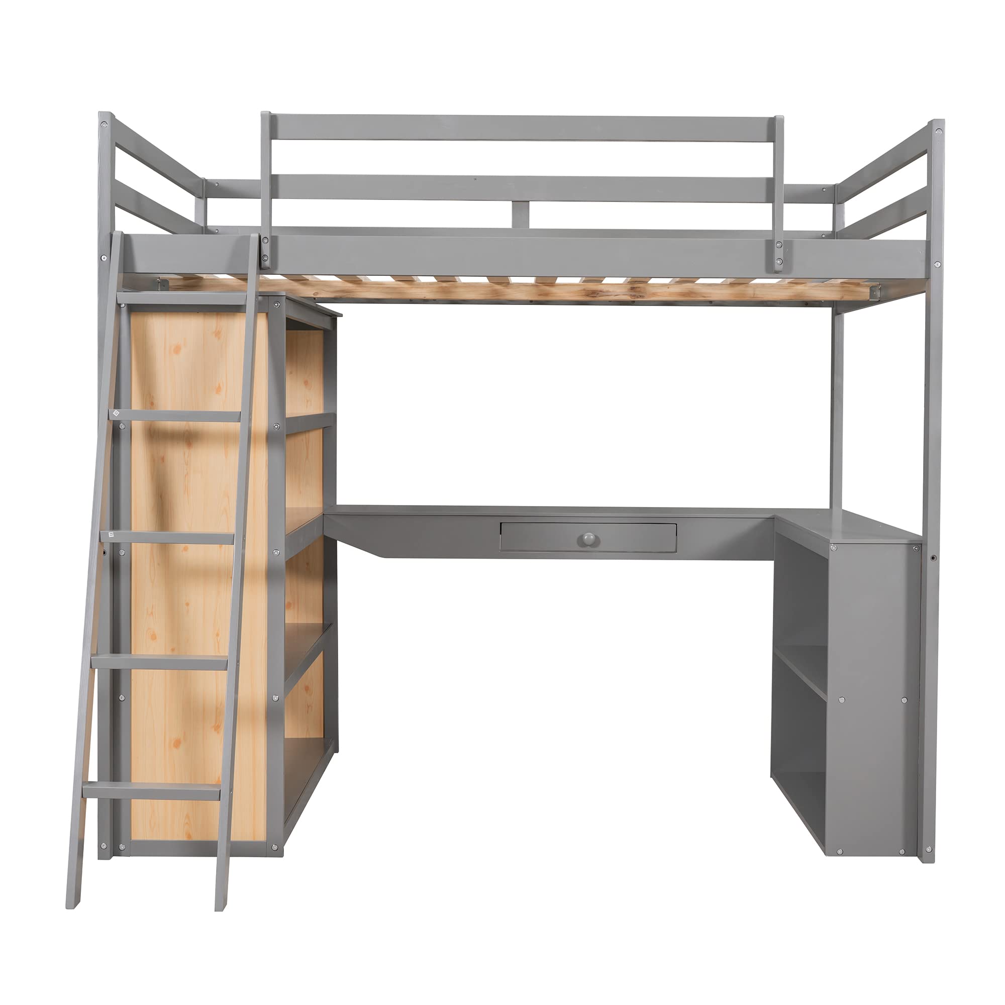 Bellemave Full Loft Bed with Desk and 6 Storage Shelves, Wood Loft Beds Frame with Bookcase and Writing Board, Modern High Loft Bed for Kids Boys Girls Teens, Full Size, White, Gray With Shelves