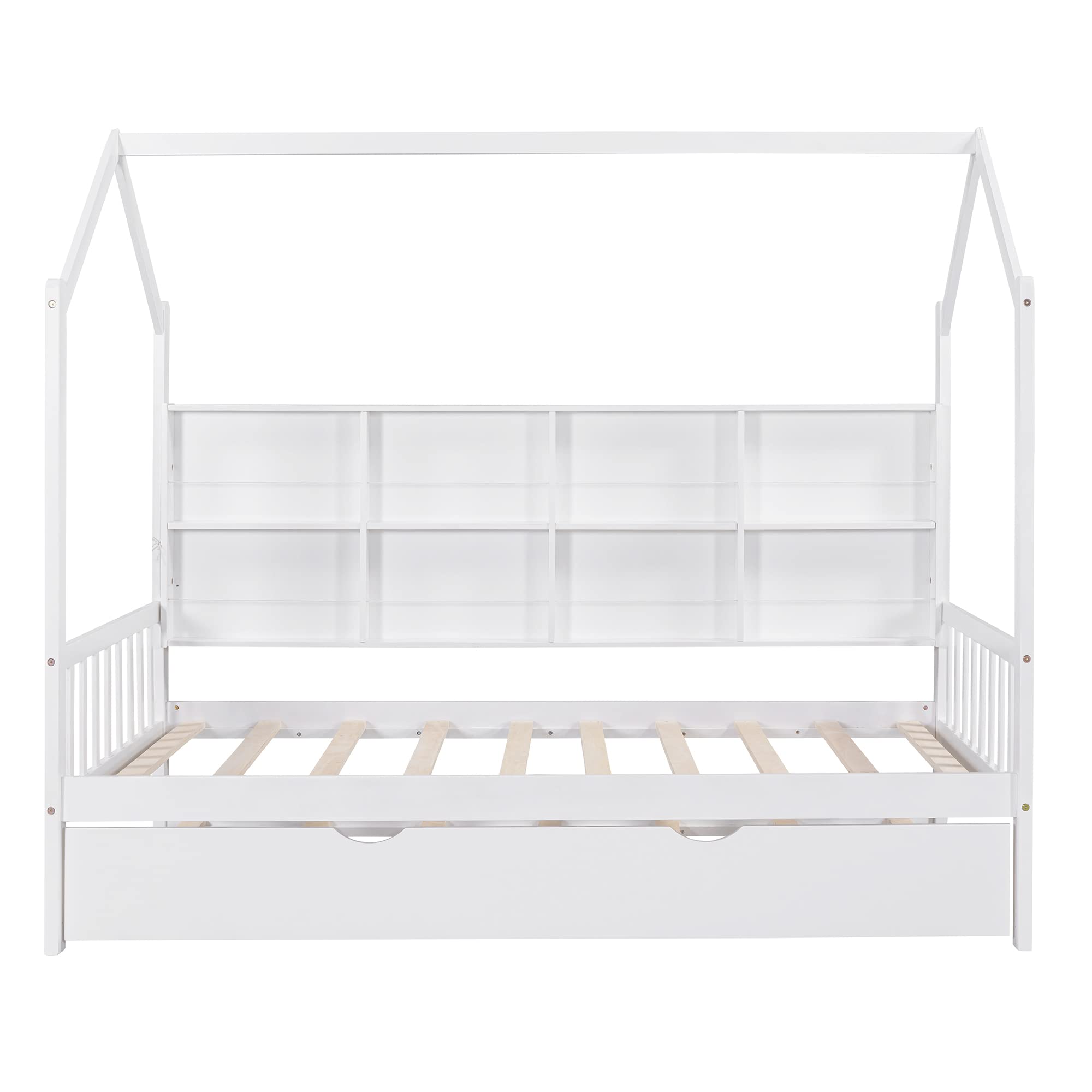 Harper & Bright Designs Twin Size House Bed with Trundle, Wood Twin House Bed Frame with Shelf Compartment, Twin House Bed for Kids with Roof for Girls, Boys,No Box Spring Needed, White