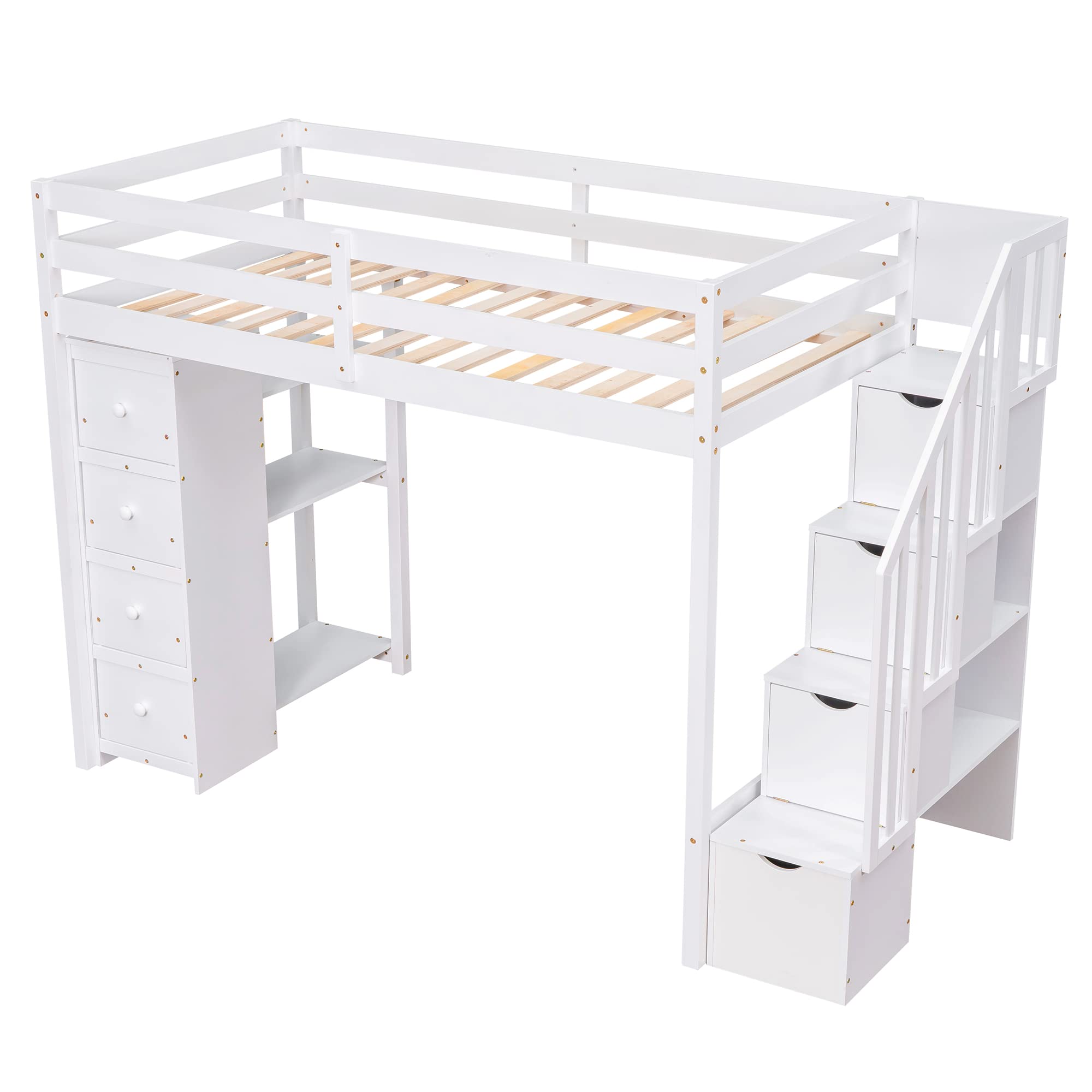 Twin Loft Bed with Stairs and Storage Drawers, Wood Loft Beds Frame with Shelves and Bookcase, Modern High Loft for Kids Boys Girls Teens, Twin Size, White