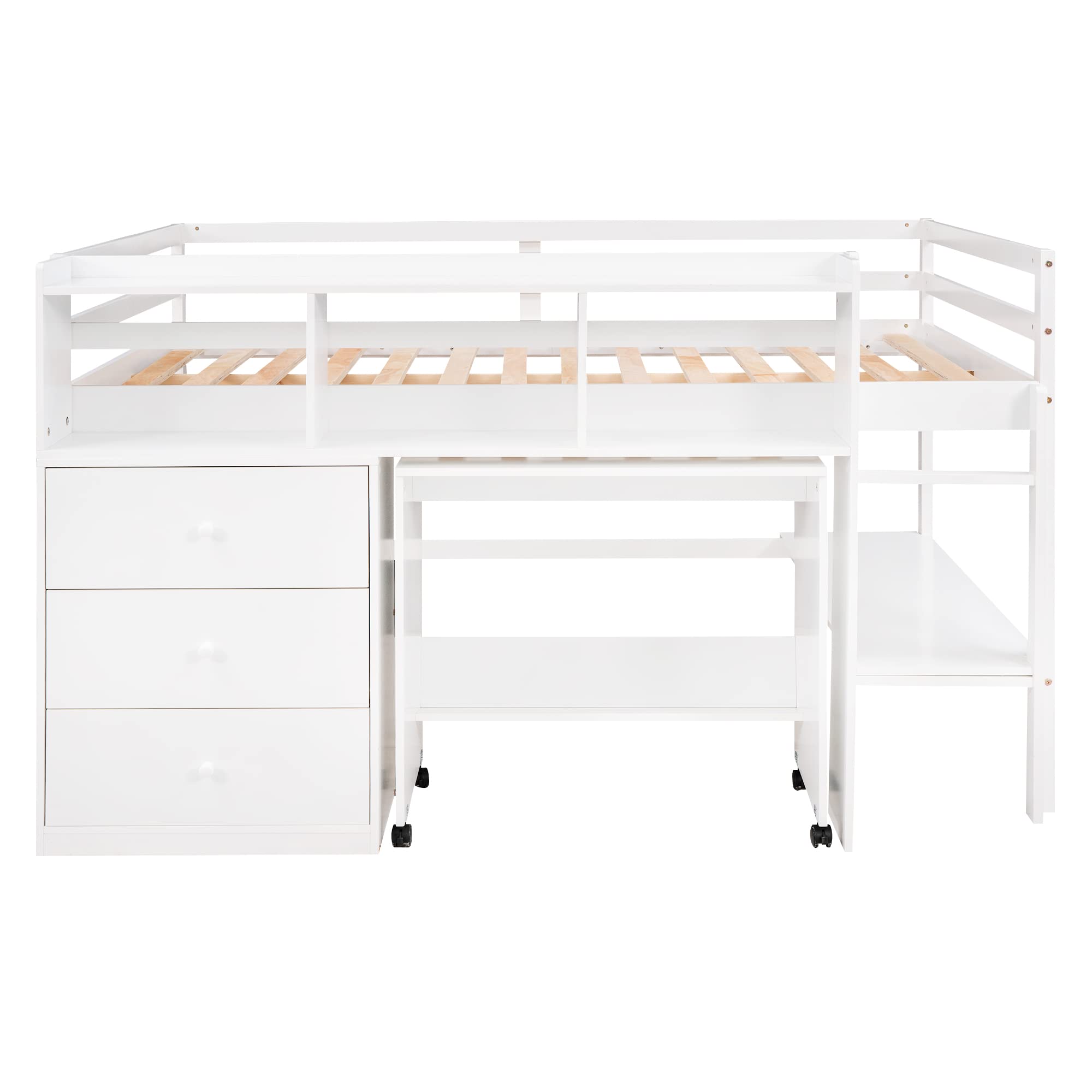 Bellemave Low Full Loft Bed with Desk and Storage Drawers Wood Kids Loft Beds Frame with Storage Shelves & Rolling Portable Desk for Juniors, Teen, Boys, Girls, Full Size, White