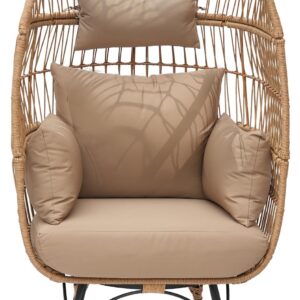 RADIATA Oversized Wicker Egg Chair w/ 5 Cushions 440lb Capacity Lounge Basket with Strong Heavy-Duty Steel Frame for Indoor Outdoor Patio Backyard Living Room (Beige)