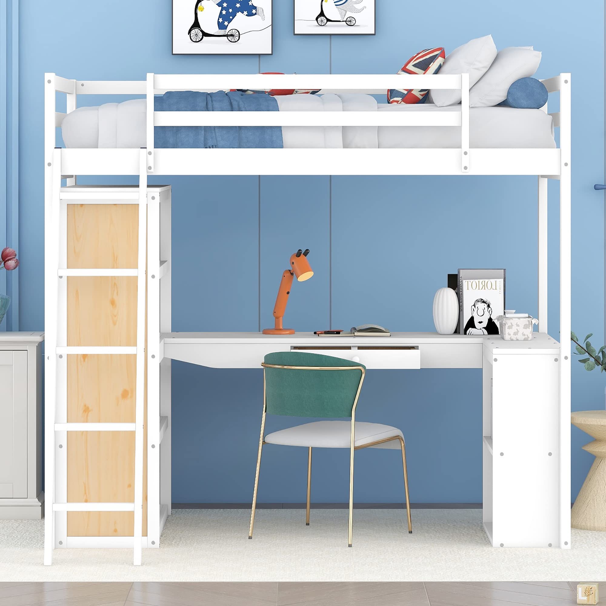 Bellemave Twin Loft Bed with Desk and 6 Storage Shelves, Wood Loft Beds Frame with Bookcase and Writing Board, Modern High Loft Bed for Kids Boys Girls Teens, Twin Size, White