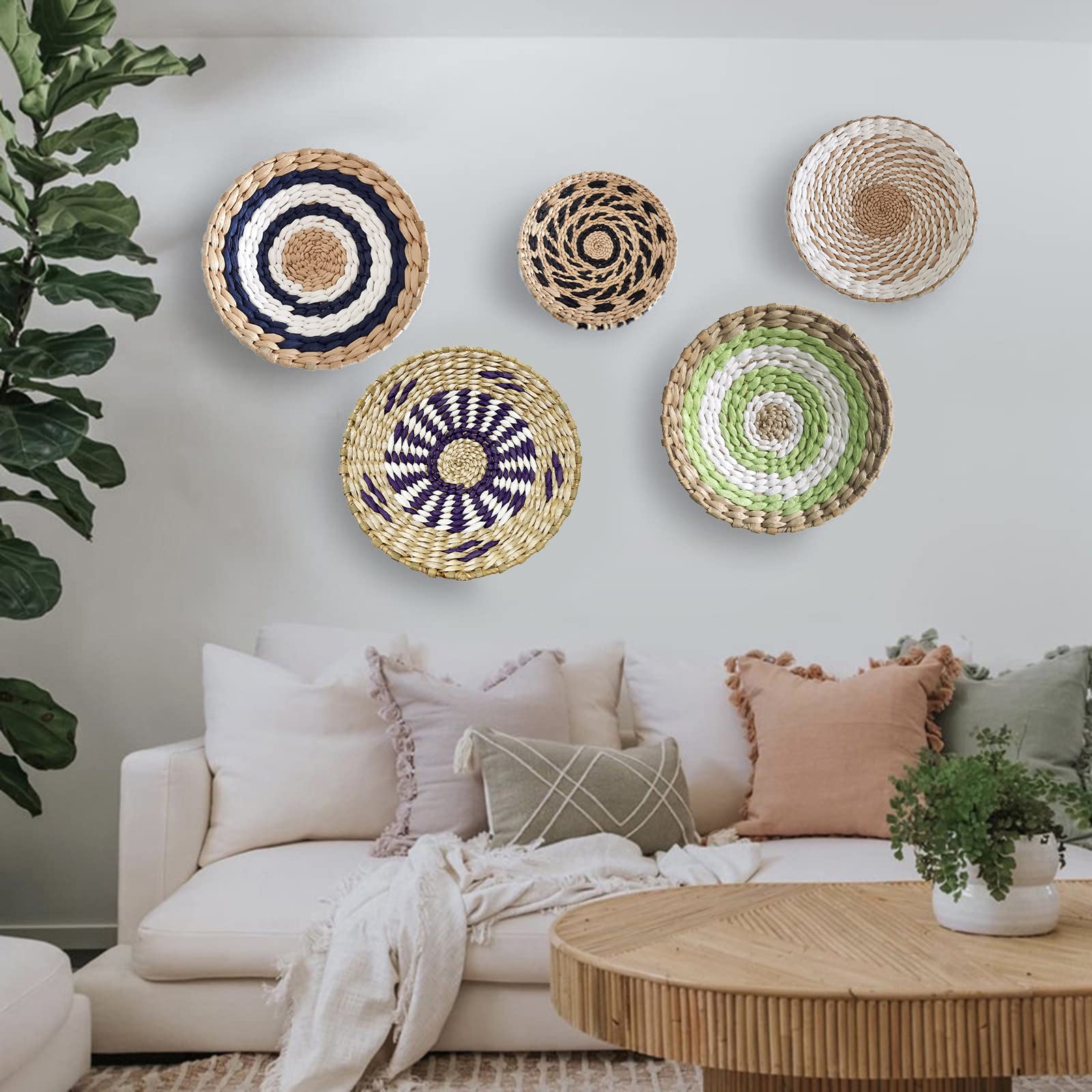 Ochine Woven Wall Basket Set Hanging Seagrass Baskets Boho Wall Basket Decor Wall Hanging Baskets Wicker Rattan Wall Decor Decorative Handmade Round Woven Wall Sculptures for Living Room Bedroom