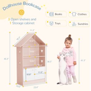 Curipeer Kids Dollhouse Bookshelf, Large Wooden Kids Bookshelf and Toy Storage with Doors, 3-Tier Open Display Organizer and 1-Tier Hidden Storage Dollhouse Bookcase for Ages 3-7, Pink