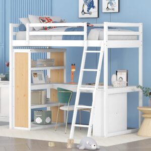 bellemave twin loft bed with desk and 6 storage shelves, wood loft beds frame with bookcase and writing board, modern high loft bed for kids boys girls teens, twin size, white