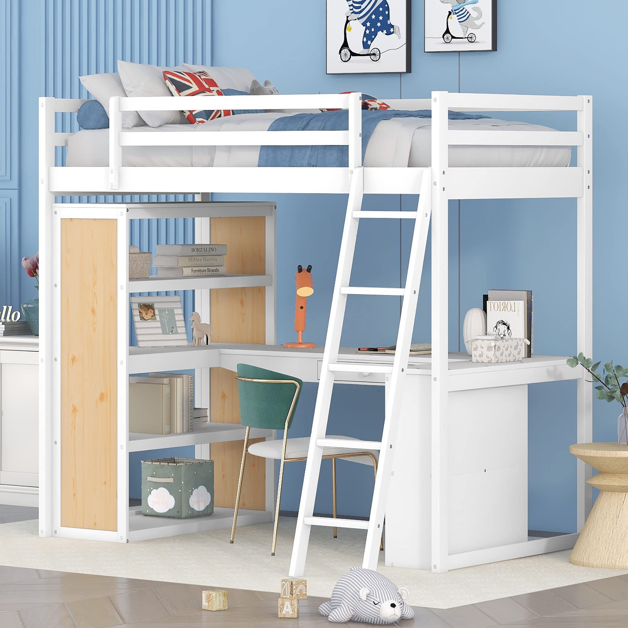 Bellemave Twin Loft Bed with Desk and 6 Storage Shelves, Wood Loft Beds Frame with Bookcase and Writing Board, Modern High Loft Bed for Kids Boys Girls Teens, Twin Size, White