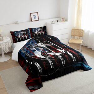 Erosebridal Hunting Fishing Comforter Set Twin American Flag Bass Fish Bedding Set Retro Fishermen Fishing Rod Bedding Comforter Sets for Boys Teen Men Big Pike Fish Quilt Duvet Red Blue Black 2 Pcs