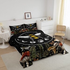 Erosebridal Boho Bee Bedding King Moon Print Comforter Set Wild Fungus Bedding Comforters & Sets Chic Wildlife Duvet Set Mushroom Green Leaves Quilt Set Animal and Botanical Theme Home Decor, Black