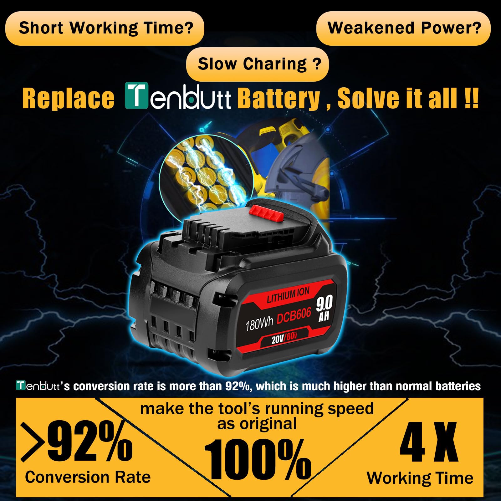 TenHutt 9.0Ah Replace Battery for Dewalt Flexvolt 20V/60V Battery MAX for Dewalt 20V 60V Cordless Power Tools DCB606 DCB612 DCB206 DCB204 Li-ion Battery【3rd-Version】