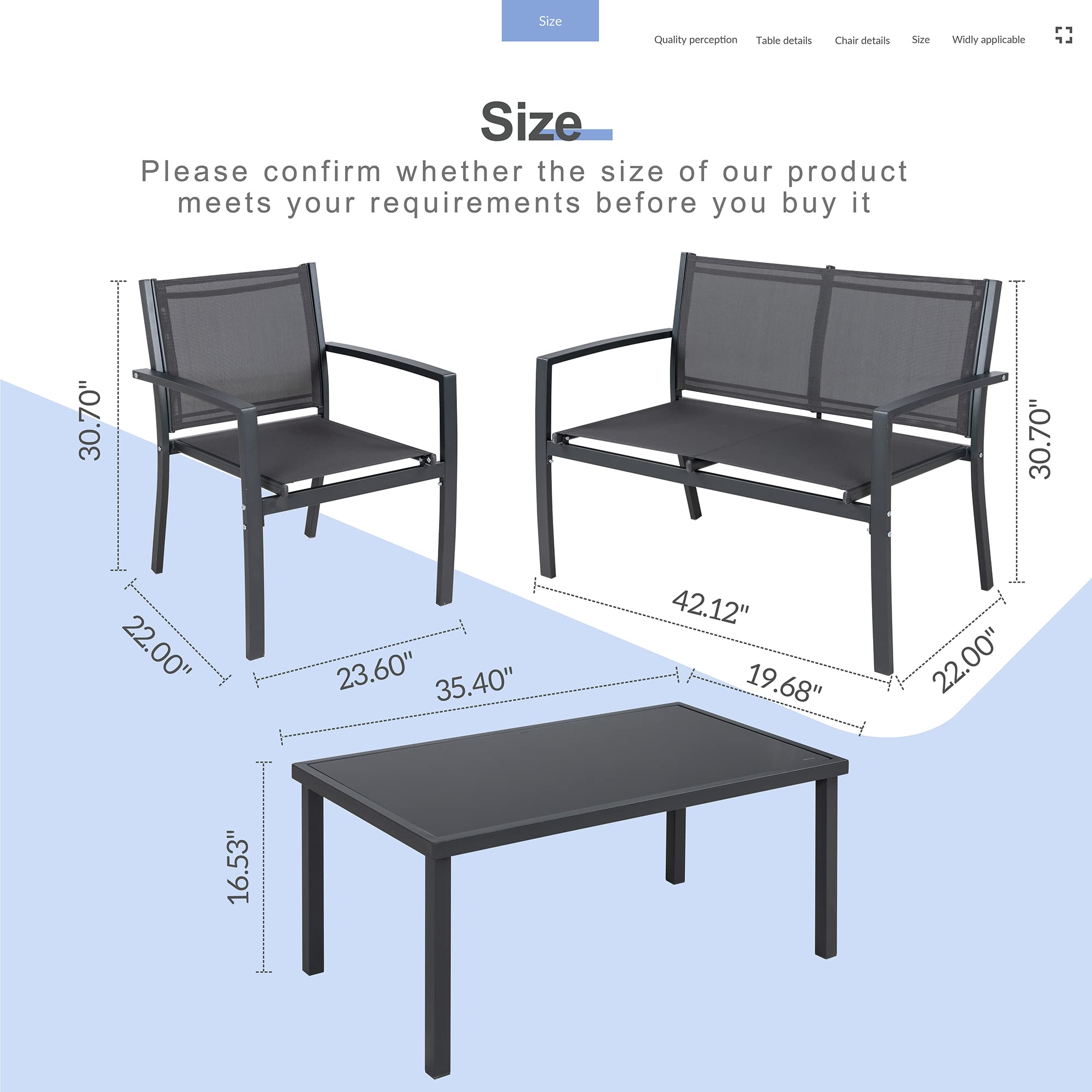 Meilocar 4 Pieces Patio Furniture, Textilene Metal Outdoor Furniture Set, Modern Conversation Set with Loveseat Tea Table, Small Outdoor Patio Chat Set for Backyard, Porch, Lawn and Balcony (Gray)