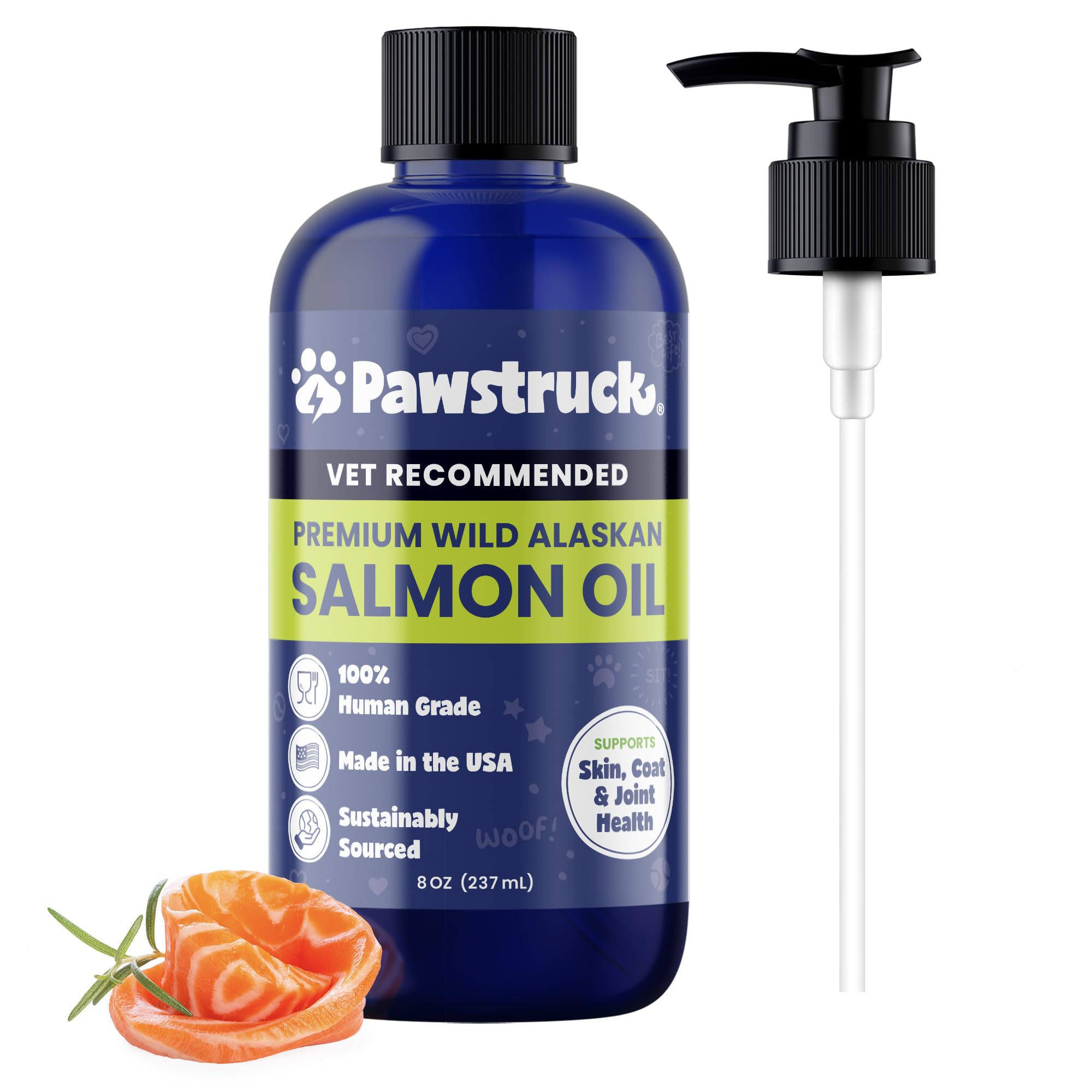 Pawstruck Pure Human-Grade Wild Alaskan Salmon Oil for Dogs & Cats - Vet Recommended Omega 3 & 6 Extra Strength Supplement Food Topper with EPA DHA Fatty Acids Immune Support