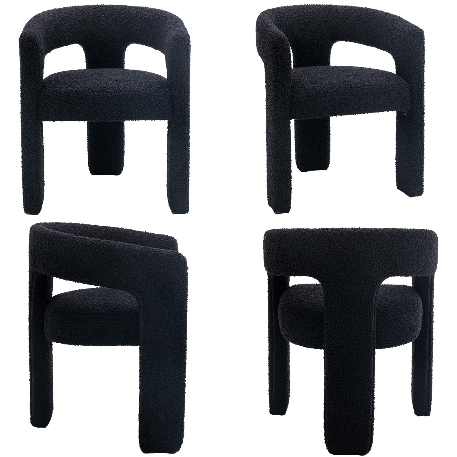 Modern Sherpa Barrel Dining Chair Upholstered Faux Fur Dining Room Chair with Arm Comfy Accent Side Chair for Kitchen/Living Room/Reception, Black