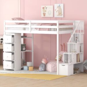 twin loft bed with stairs and storage drawers, wood loft beds frame with shelves and bookcase, modern high loft for kids boys girls teens, twin size, white