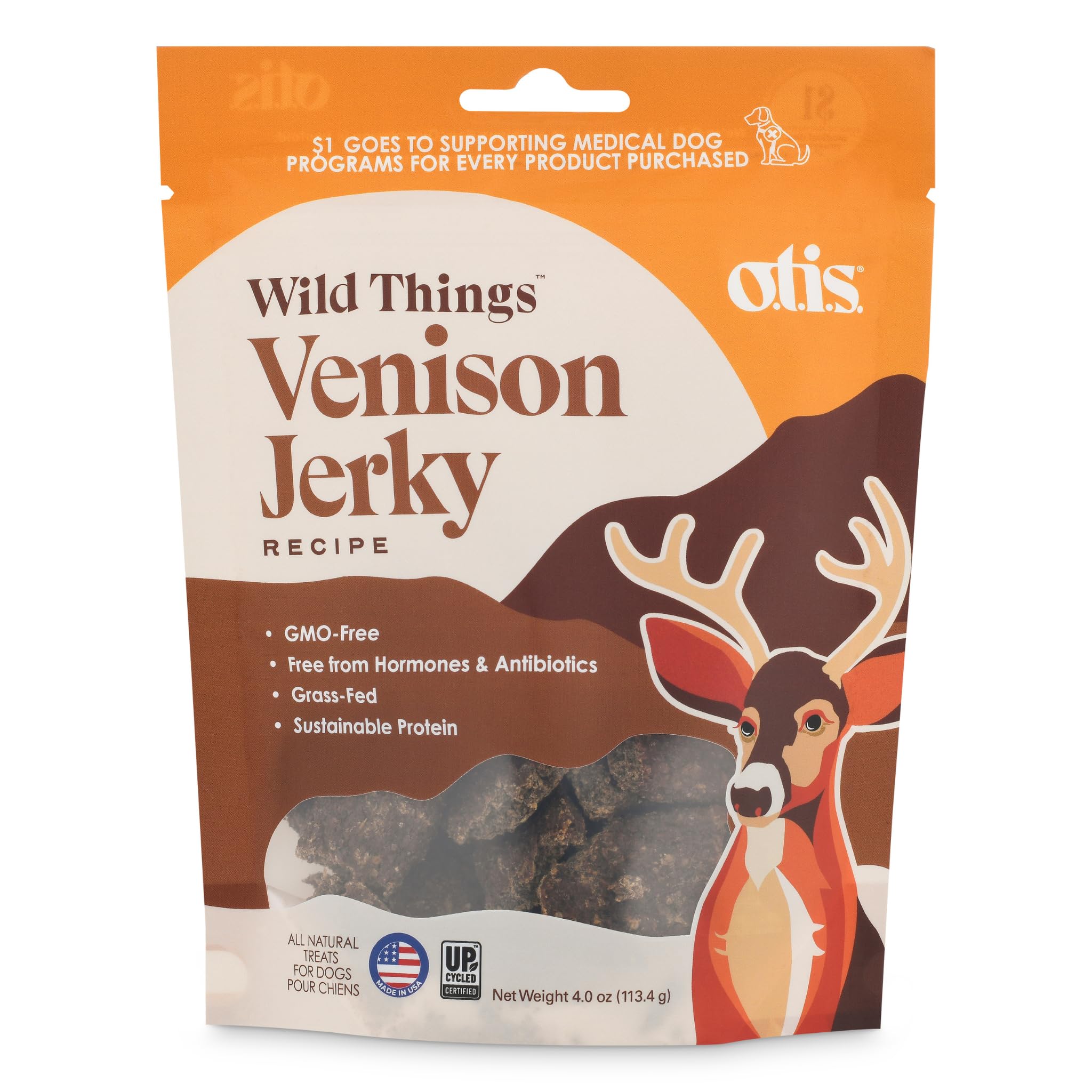 OTIS Venison Jerky for Dogs | Protein Packed, Pasture-Raised, Grass-Fed Venison Jerky Dog Treats Healthy Dog Treats - Wild Things | 4 Ounce Bag