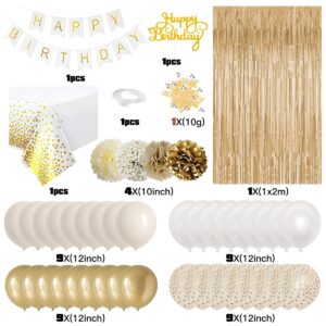 Gold Birthday Decorations, Gold Party Decorations, White and Gold Balloons Happy Birthday Banner Tablecloth Fringe Curtain Paper Pom Poms for Kids Women Men Girls Boys Birthday Golden Birthday Decor