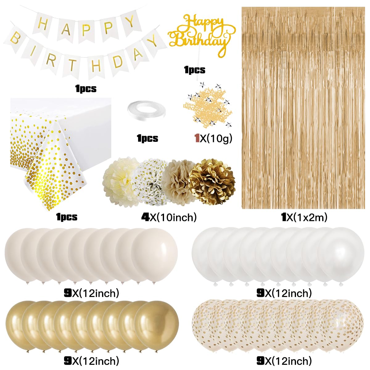 Gold Birthday Decorations, Gold Party Decorations, White and Gold Balloons Happy Birthday Banner Tablecloth Fringe Curtain Paper Pom Poms for Kids Women Men Girls Boys Birthday Golden Birthday Decor