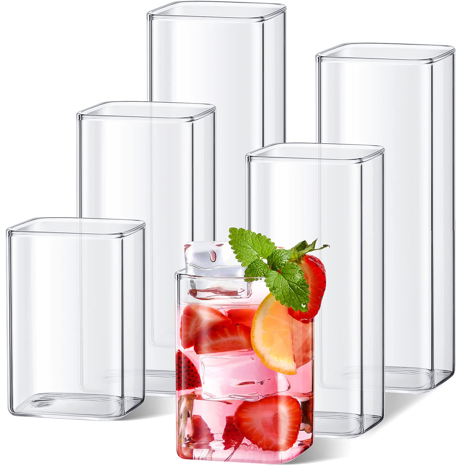 Set of 6 Square Drinking Glasses 8 oz 13 oz 17 oz Square Glass Cups Tumbler Clear Tall Cute Cocktail Glasses Thin Bar Glassware Highball Water Glasses for Iced Tea Juice Beer Coffee Mixed Drink