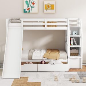 harper & bright designs bunk bed with slide, twin over full bunk bed with stairs,wood bunk bed twin over full size with storage drawers for kids teens girls boys, no spring box needed, white