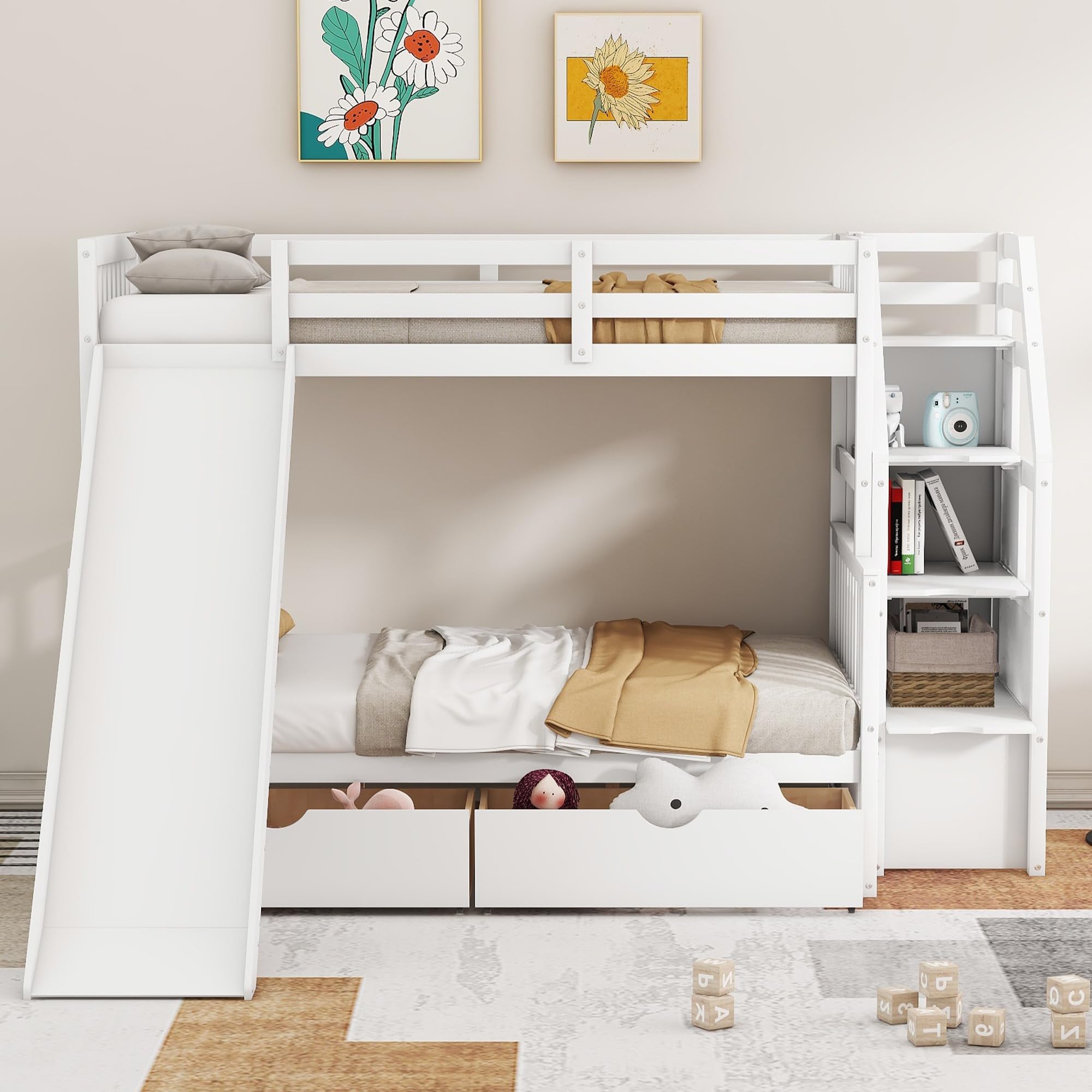 Harper & Bright Designs Bunk Bed with Slide, Twin Over Full Bunk Bed with Stairs,Wood Bunk Bed Twin Over Full Size with Storage Drawers for Kids Teens Girls Boys, No Spring Box Needed, White