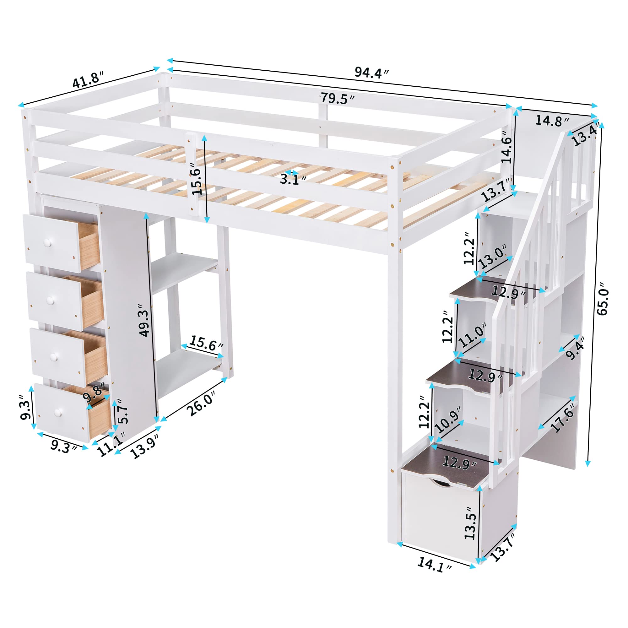 Twin Loft Bed with Stairs and Storage Drawers, Wood Loft Beds Frame with Shelves and Bookcase, Modern High Loft for Kids Boys Girls Teens, Twin Size, White