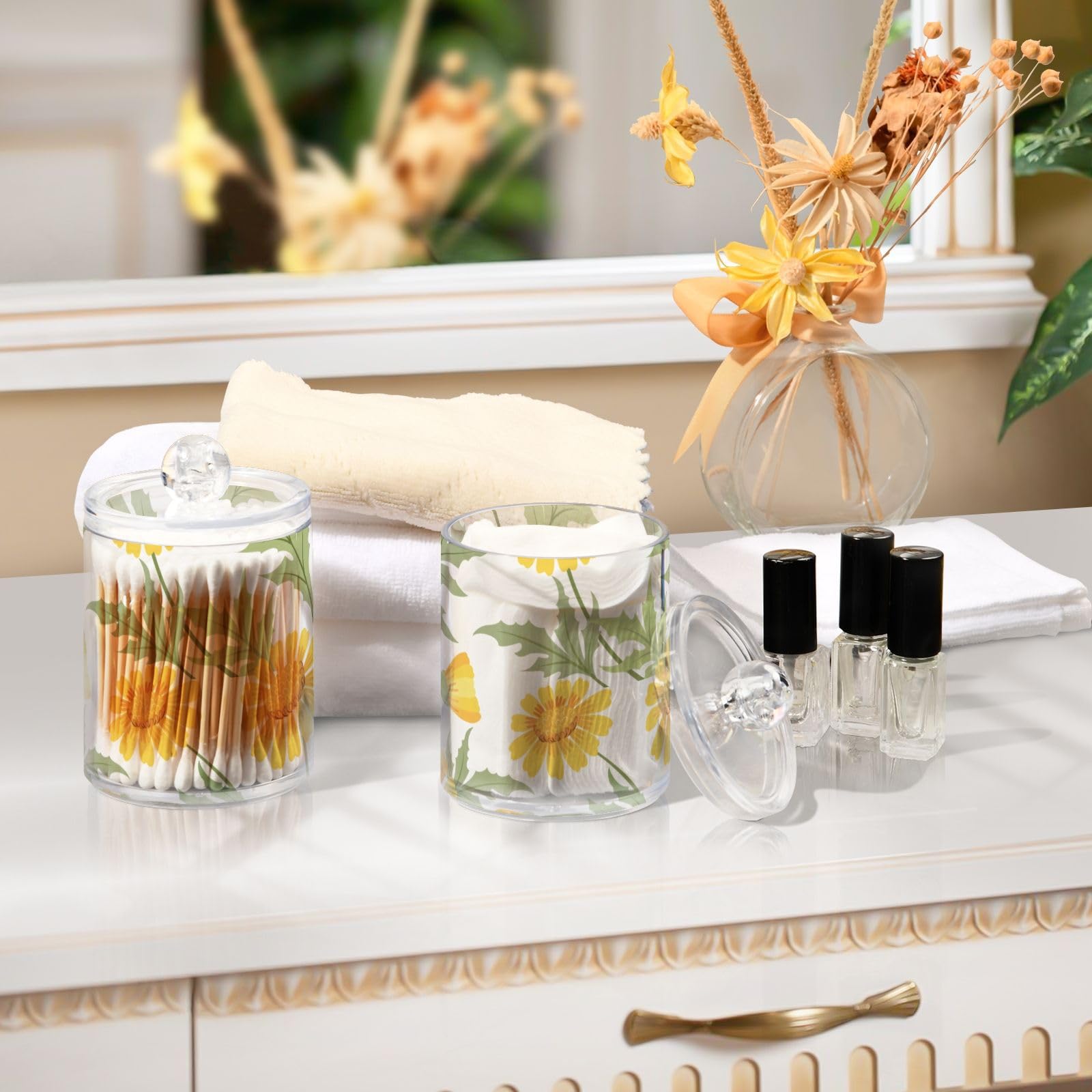 Tatenale Qtip Holder Bathroom Set Q tip Cotton Ball Swab Pad Dispenser Container Organizer Plastic Jars with Lids Storage 2Pack Yellow Daisy Floral