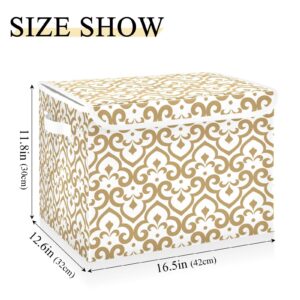 White Golden Floral Storage Basket Storage Bin Box with Lids and Handle Large Collapsible Storage Cube Box for Shelves Bedroom Closet Office 16.5x12.6x11.8 In