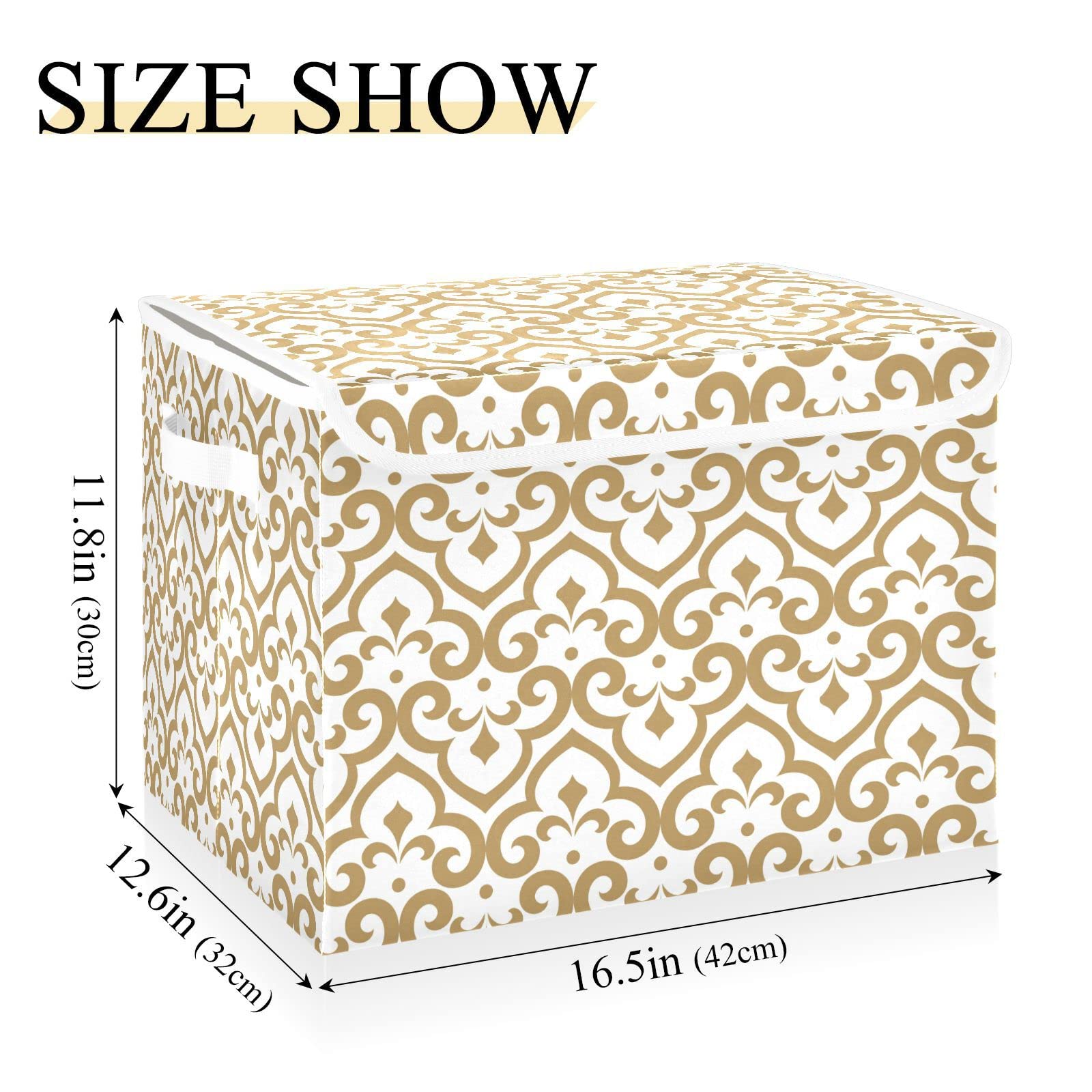 White Golden Floral Storage Basket Storage Bin Box with Lids and Handle Large Collapsible Storage Cube Box for Shelves Bedroom Closet Office 16.5x12.6x11.8 In