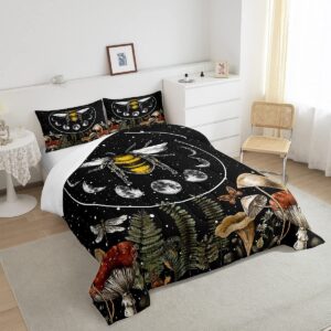 Erosebridal Boho Bee Bedding King Moon Print Comforter Set Wild Fungus Bedding Comforters & Sets Chic Wildlife Duvet Set Mushroom Green Leaves Quilt Set Animal and Botanical Theme Home Decor, Black