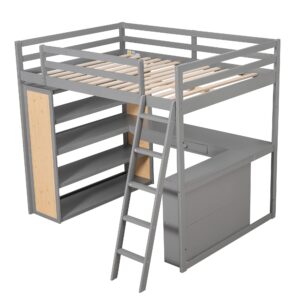 Bellemave Full Loft Bed with Desk and 6 Storage Shelves, Wood Loft Beds Frame with Bookcase and Writing Board, Modern High Loft Bed for Kids Boys Girls Teens, Full Size, White, Gray With Shelves