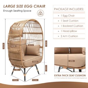 RADIATA Oversized Wicker Egg Chair w/ 5 Cushions 440lb Capacity Lounge Basket with Strong Heavy-Duty Steel Frame for Indoor Outdoor Patio Backyard Living Room (Beige)