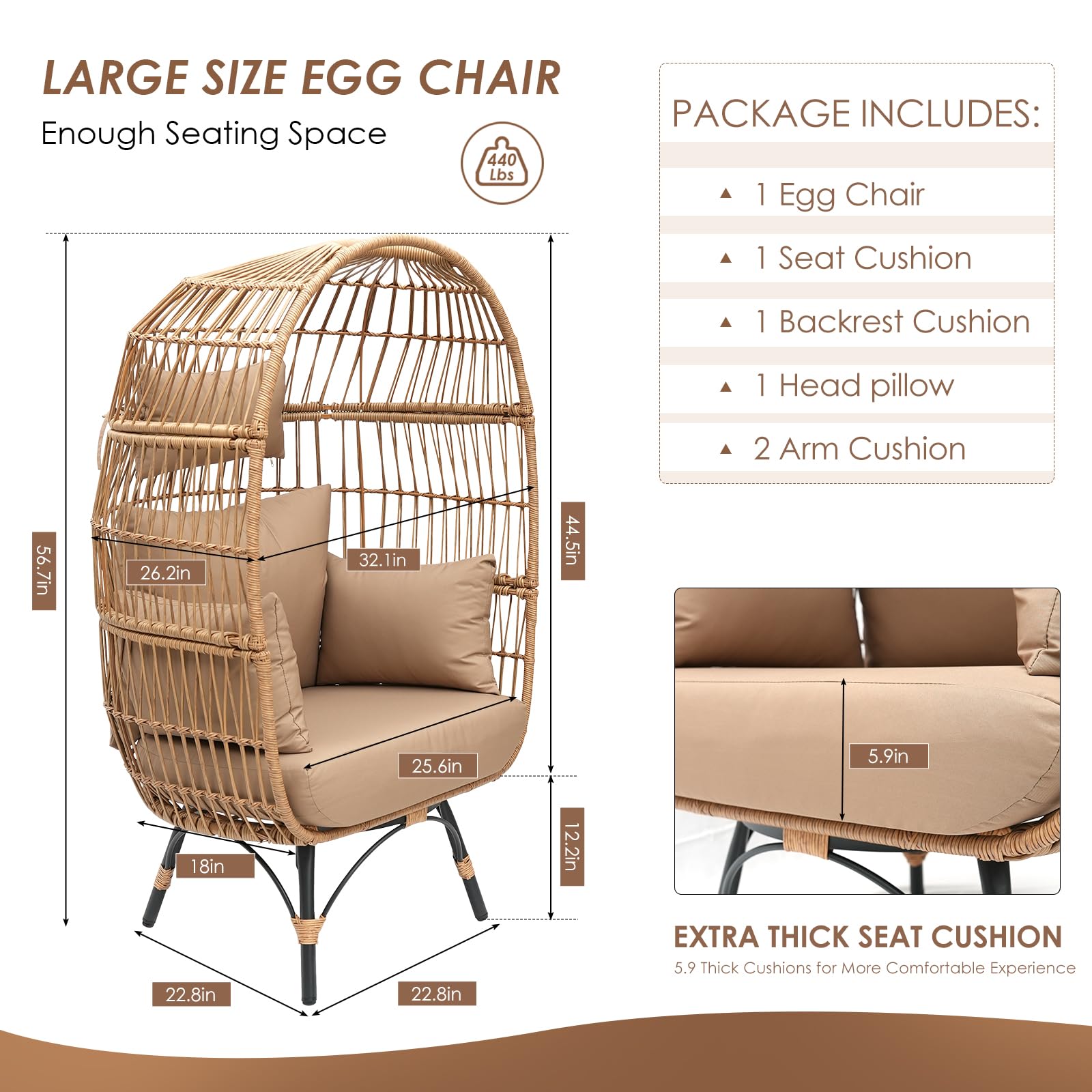 RADIATA Oversized Wicker Egg Chair w/ 5 Cushions 440lb Capacity Lounge Basket with Strong Heavy-Duty Steel Frame for Indoor Outdoor Patio Backyard Living Room (Beige)