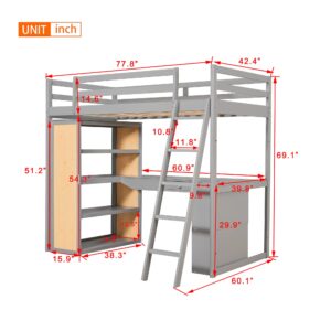 Bellemave Twin Loft Bed with Desk and 6 Storage Shelves, Wood Loft Beds Frame with Bookcase and Writing Board, Modern High Loft Bed for Kids Boys Girls Teens, Twin Size, Gray