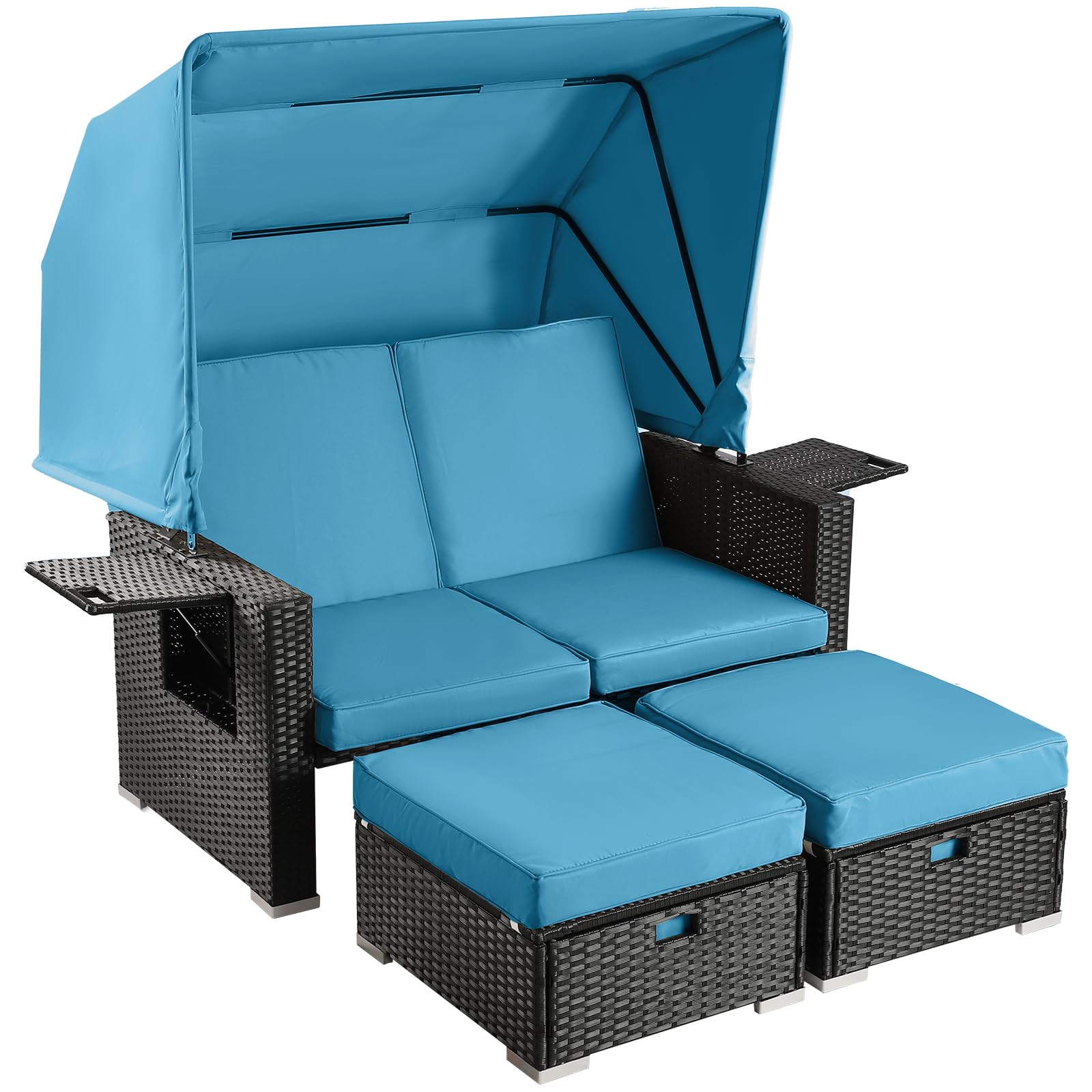 LEISU Outdoor Patio Furniture Sunbed with Retractable Canopy, PE Wicker Rattan Rectangle Sectional Sofa Set Clamshell Sectional Seating with Washable Cushions for Lawn Garden Backyard Poolside (Blue)